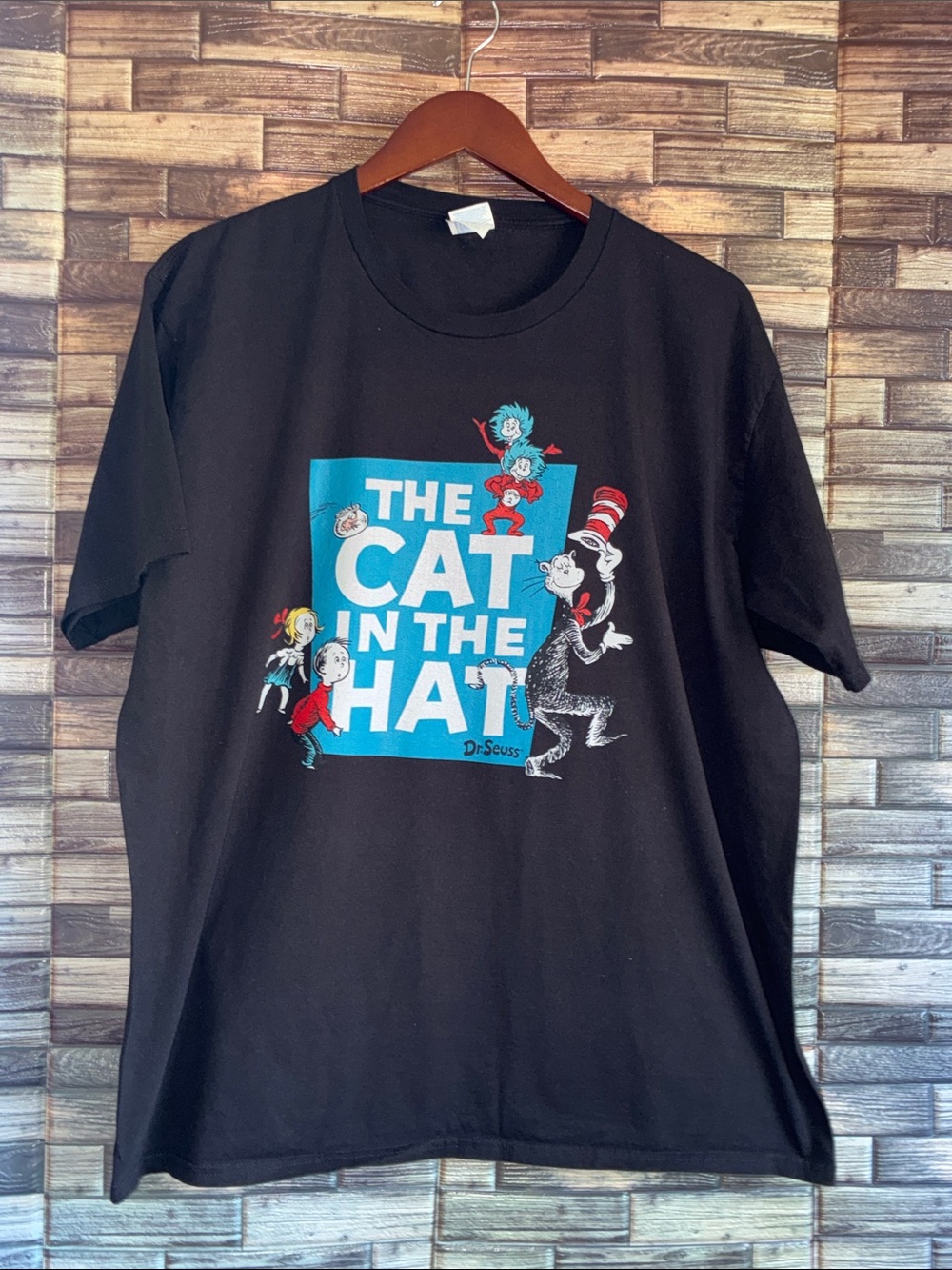 Dr. Seuss Black Tee with Blue, Red & White XL Port & Co EUC